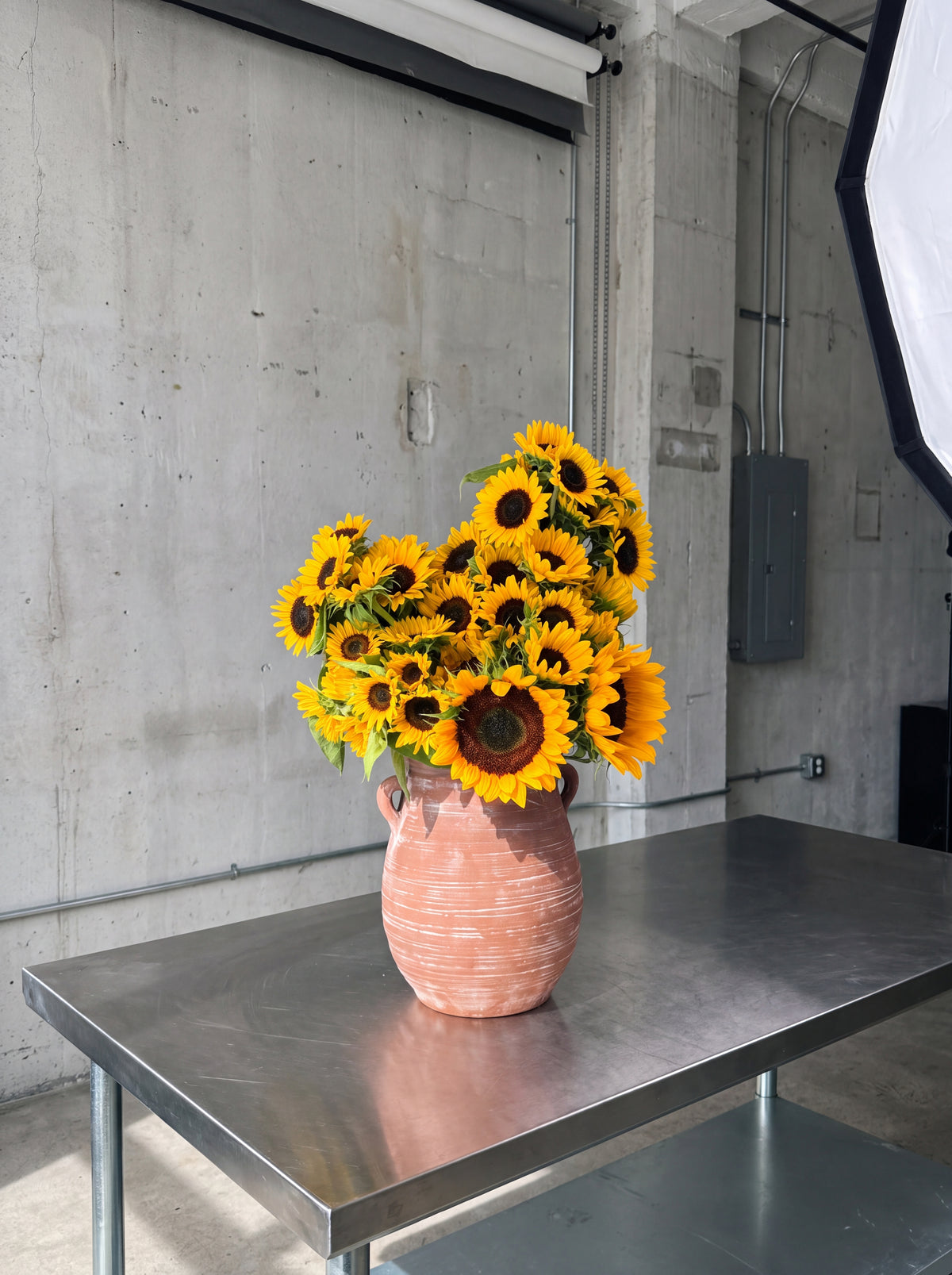 Your Doctor Said More Vitamin D, detail view 2. Sculptural sunflower vase arrangement in layered yellow, brown and green.