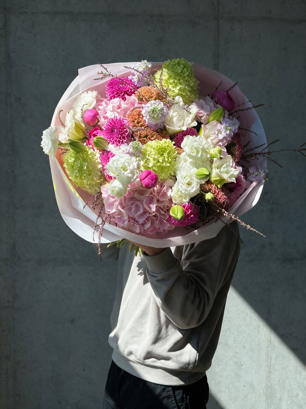 ACID KISS by WildMoon Flowers, Toronto. High energy bouquet in lime green, hot pink, blush and peach.